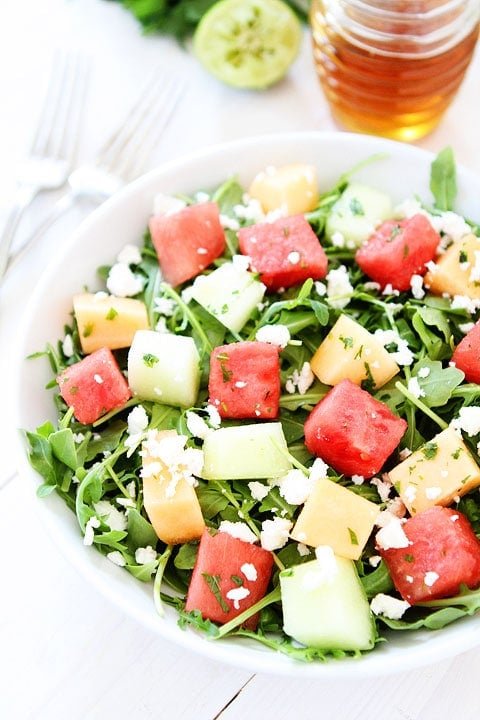 Melon Arugula Salad with Honey Lime Dressing Recipe Melon Arugula Salad with Honey Lime Dressing Recipe on twopeasandtheirpod.com The perfect summer salad! #salad #glutenfree
