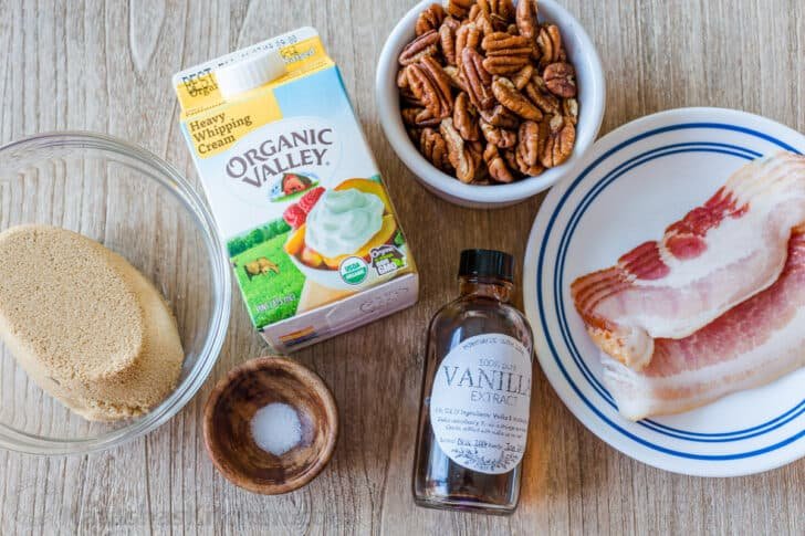 Ingredients for homemade bacon caramel with brown sugar, heavy cream, vanilla, salt and bacon