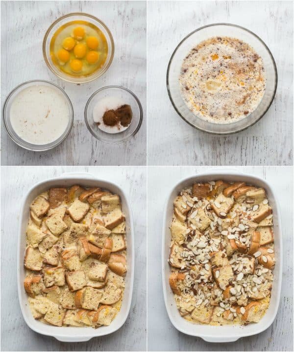 Step-by-step photo collage how to make a French Toast Breakfast Casserole. 