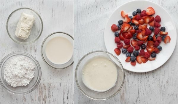 Step-by-step photo collage how to make cream cheese drizzle for Breakfast Casserole.
