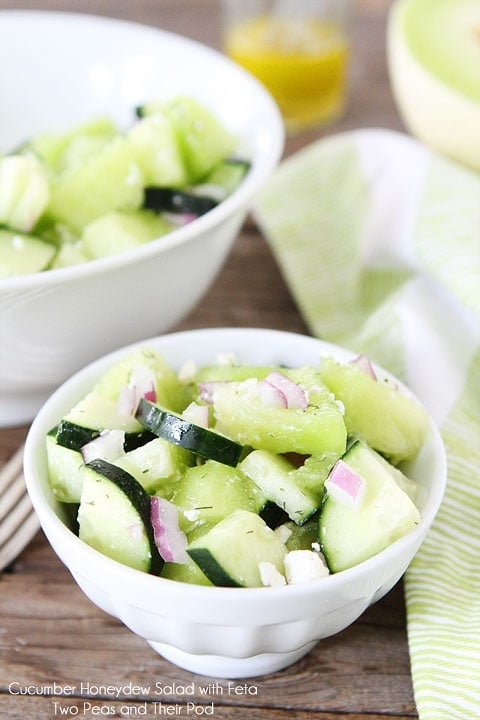 Cucumber Honeydew Salad with Feta on twopeasandtheirpod.com Perfect summer salad! Cucumber Honeydew Salad with Feta on twopeasandtheirpod.com Perfect summer salad!