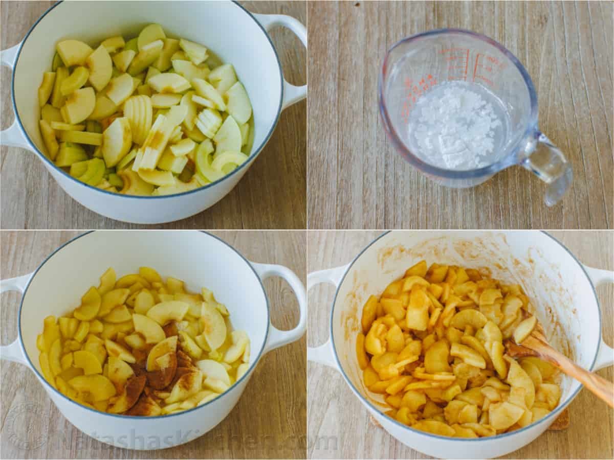 Easy sauteed cinnamon apples taste just like the filling in a cozy apple pie. Quick to make and perfect as a topping for breakfast or dessert. Photo collage showing the process for sauteeing apples.