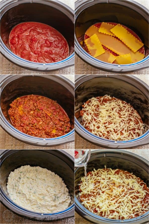 How to make assemble crockpot lasagna layering sauce, pasta, meat sauce, cheese sauce and shredded mozzarella