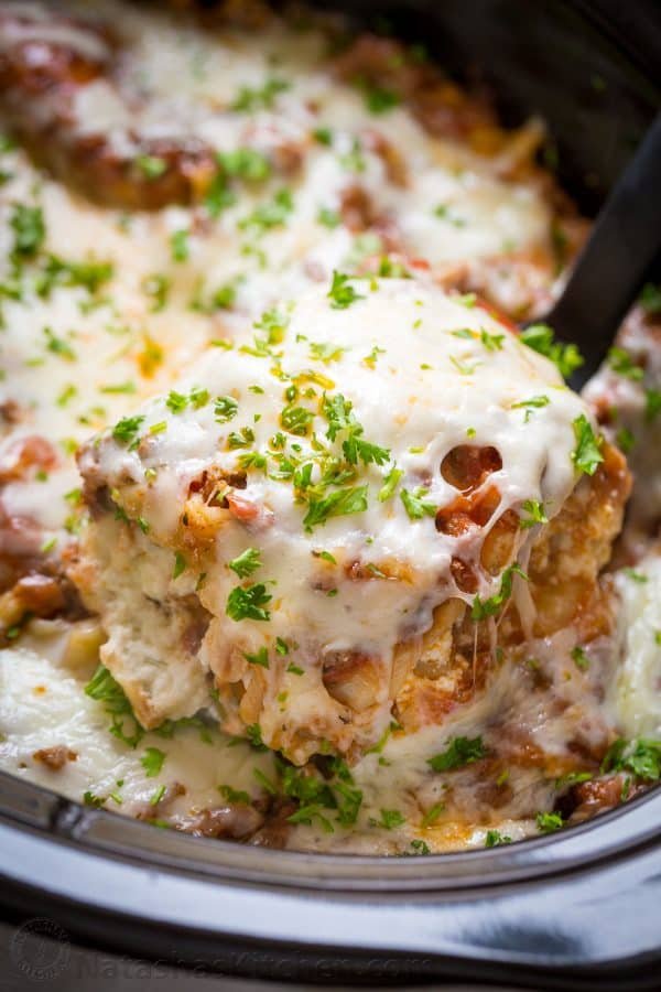 slice of lasagna from crockpot 