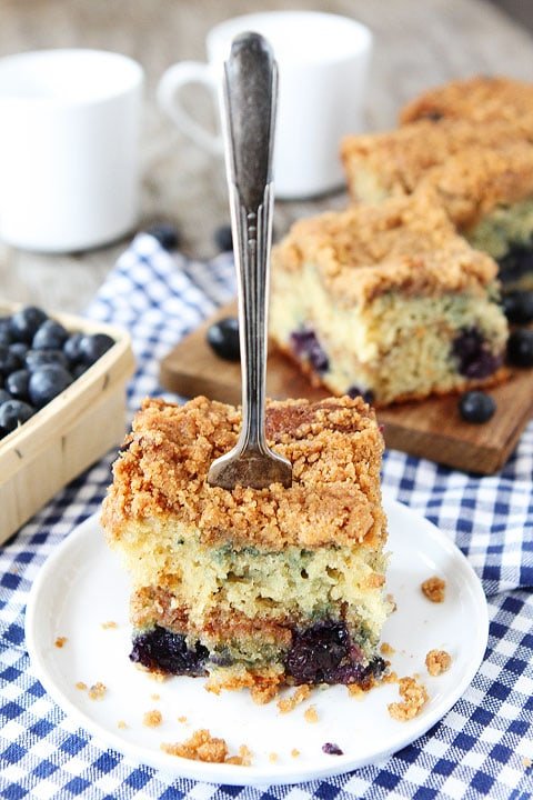 Blueberry Coffee Cake Recipe on twopeasandtheirpod.com. This coffee cake recipe is a family favorite! #cake #recipe Fork in Blueberry Coffee Cake