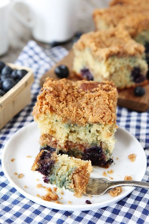 Blueberry Coffee Cake Recipe on twopeasandtheirpod.com. This coffee cake recipe is a family favorite! #cake #recipe Eating Blueberry Coffee Cake With Fork