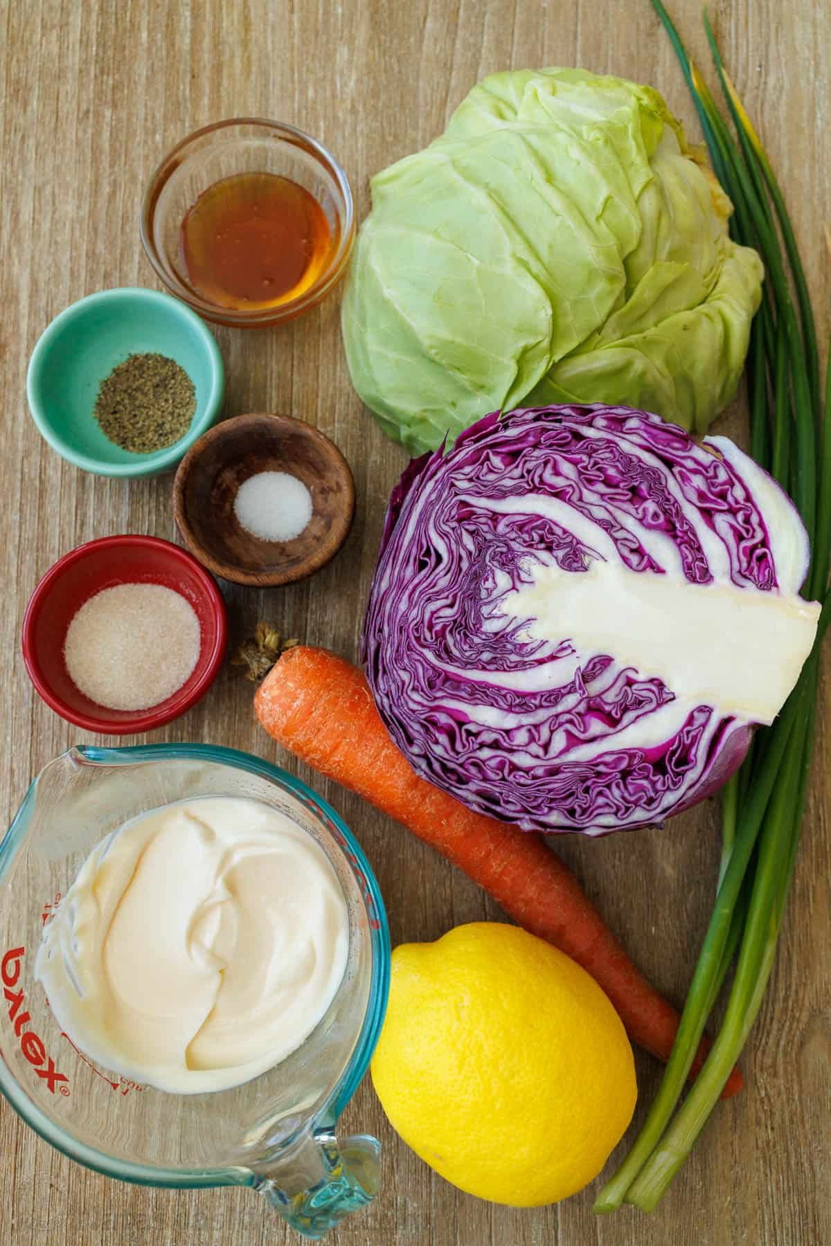 Ingredients for homemade coleslaw with cabbage, carrot, green onion and dressing ingredients