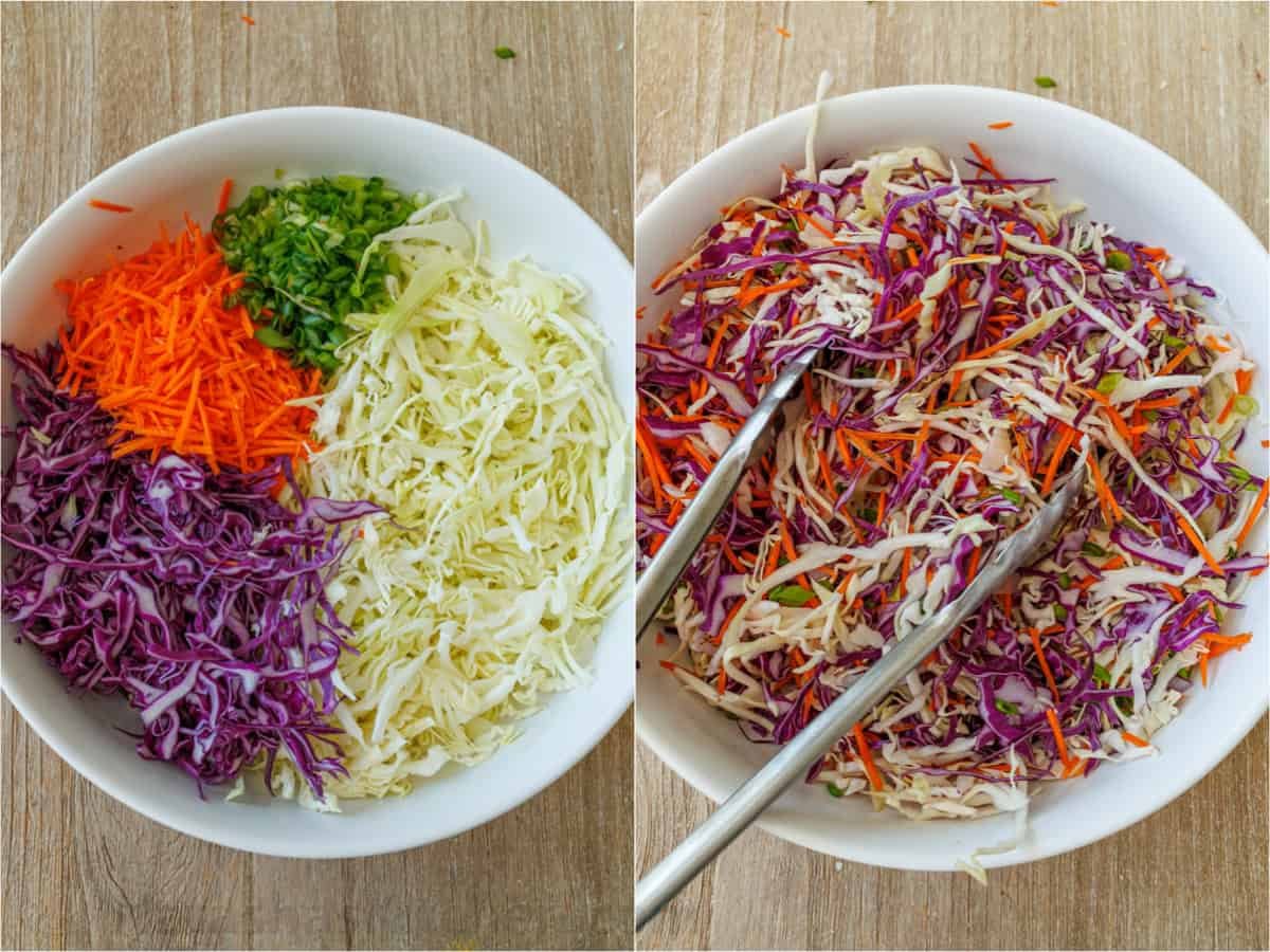 Ingredients for coleslaw tossed in a salad bowl