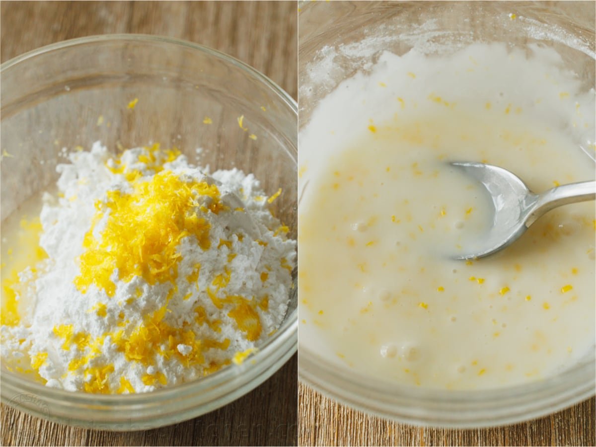 How to make lemon glaze in a mixing bowl with lemon juice, powdered sugar, and lemon zest