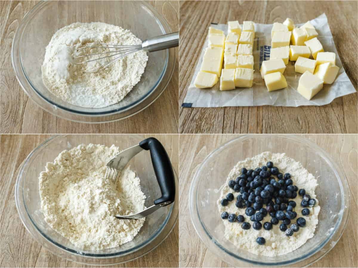 Use a pastry cutter to combine cold butter into flour. Blueberries folded into scone dough.