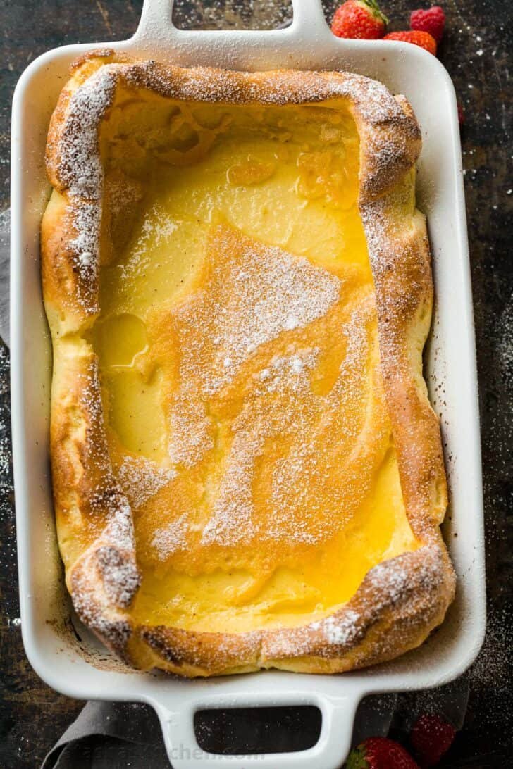 double dutch baby pancake in casserole dish