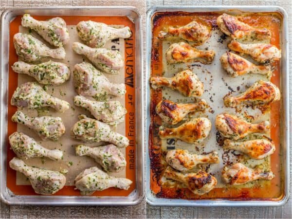 Baked Chicken Legs recipe with garlic, lemon and dijon. An easy and excellent chicken marinade with so much flavor. Learn the secret to great chicken legs! #bakedchicken #bakedchickenlegs #chickendrumsticks #ovenbakedchicken #bakedchickenrecipes #chickenrecipes #chicken Baked chicken legs before and after baking