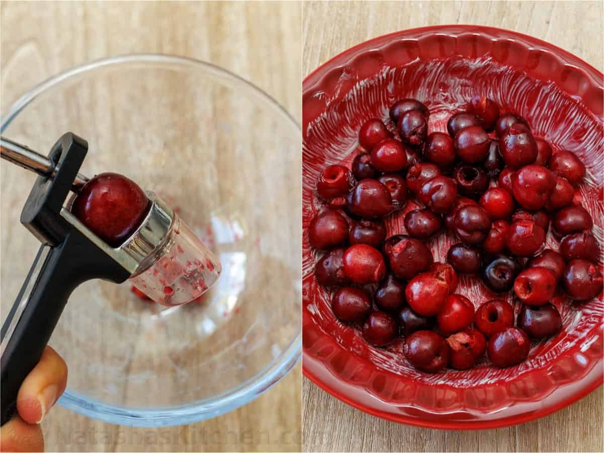 how to pit cherries into a red bowl