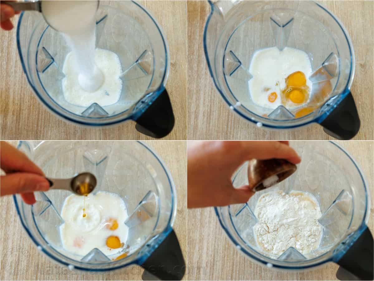 Step by step how to mix dessert batter in a blender with sugar, eggs, flour, and vanilla