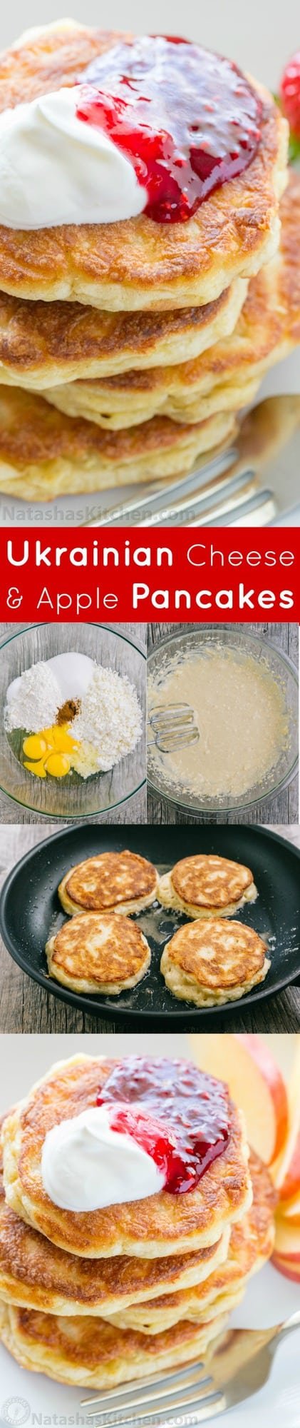 Apple and cheese pancakes are so light and fluffy. Serve these Ukrainian cheese pancakes with jam and sour cream for an unforgettable breakfast!