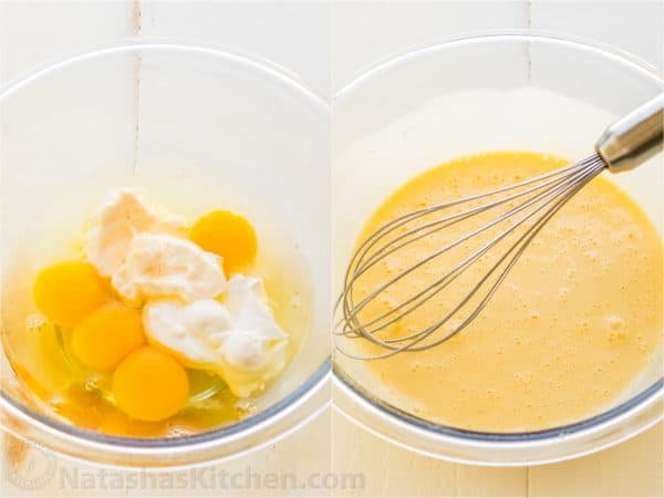 Two photos of bowls with mixtures for Cabbage Casserole one bowl has a whisk in it 