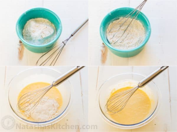 Four photos with bowls, a whisk and a mixture for Cabbage Casserole
