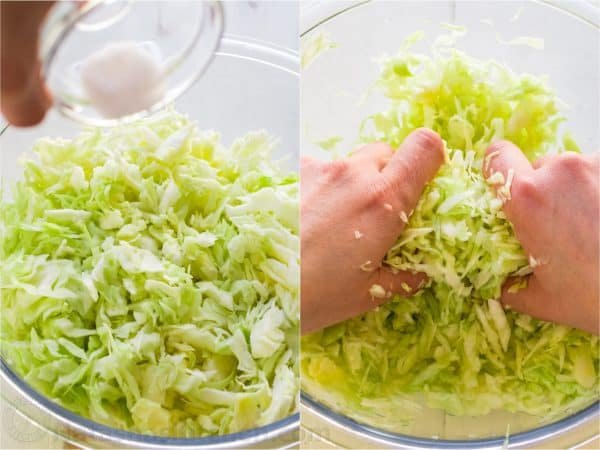 Two photos of bowls with shredded cabbage
