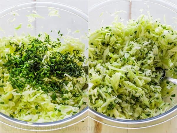 Two photos of bowls with shredded cabbage