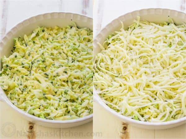 Two photos of a Cabbage Casserole in a casserole pan 