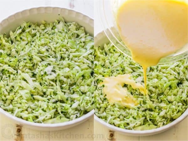 Two photos of casserole pans with shredded cabbage and one photo shows a mixture being poured in