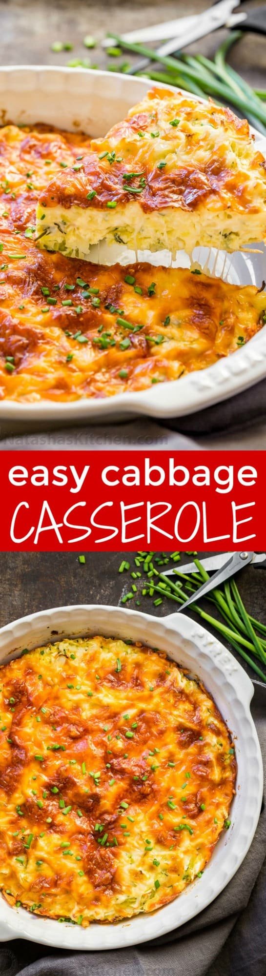 Savory cabbage pie loaded with cabbage and herbs. The batter makes it creamy and quiche-like. A golden cheesy crust takes this cabbage casserole over the top with a slight cheese pull when it's hot and fresh of the oven. | natashaskitchen.com