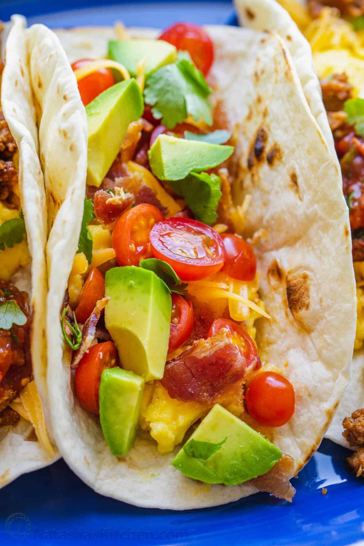 Close up of a filled breakfast taco.