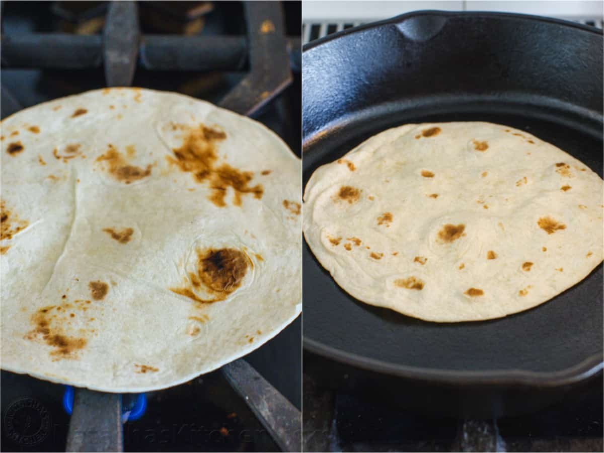 Side by side images of a flour tortilla toasting on a skillet.