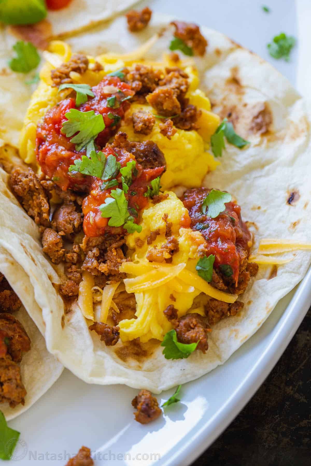 Close up of a chorizo-filled breakfast taco.