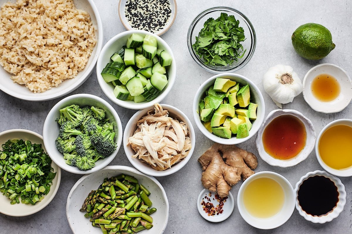 sesame ginger rice salad ingredients in bowls. 