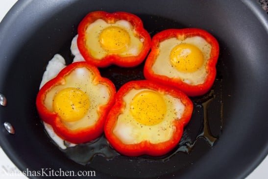 The bell pepper adds gorgeous color and a very healthy veggie to your morning. Impress your family and breakfast guests with this Bell Pepper egg-in-a-hole.