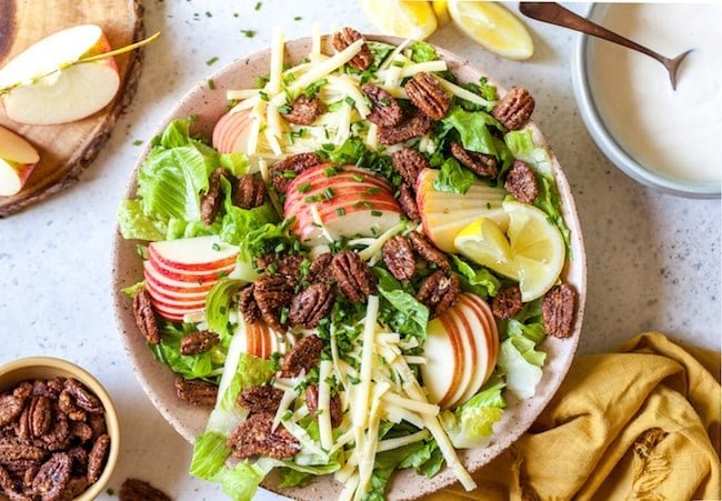 Easy Apple Pecan Salad with Creamy Lemon Dressing in bowl.