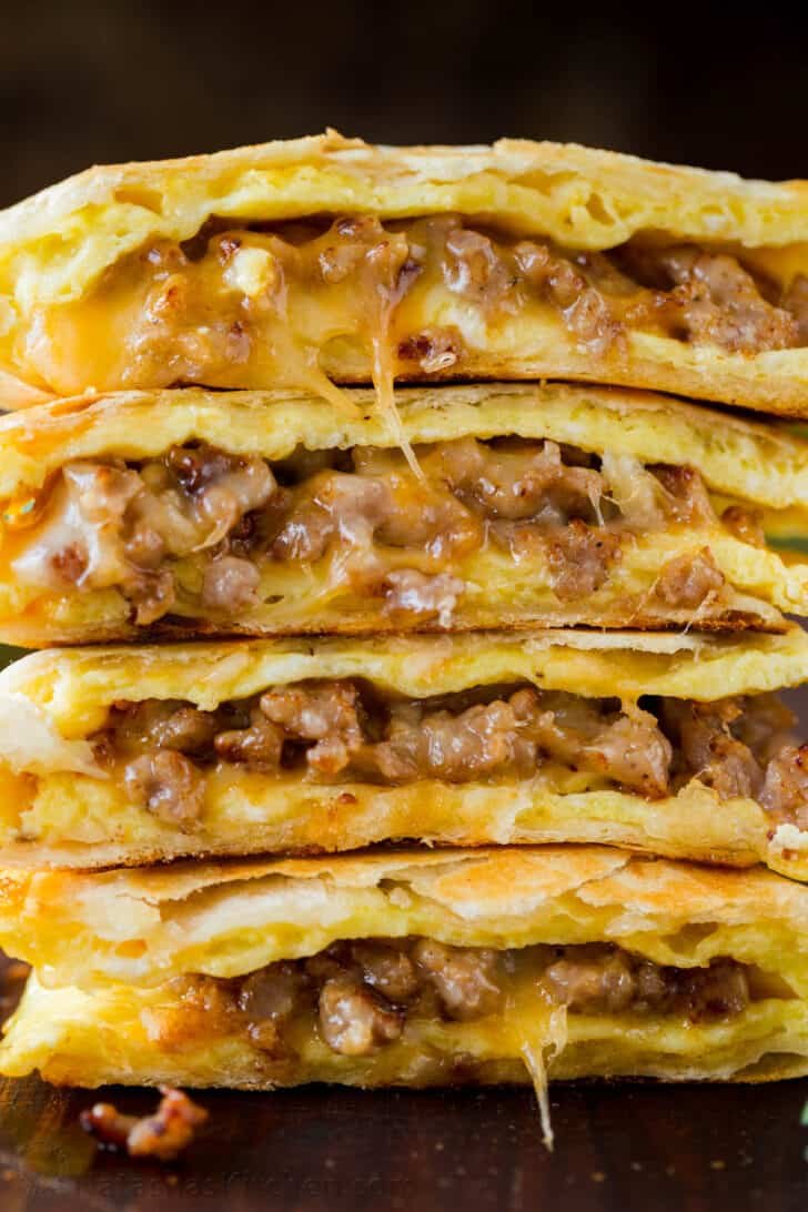 Cooked sausage egg breakfast quesadillas ready for the freezer