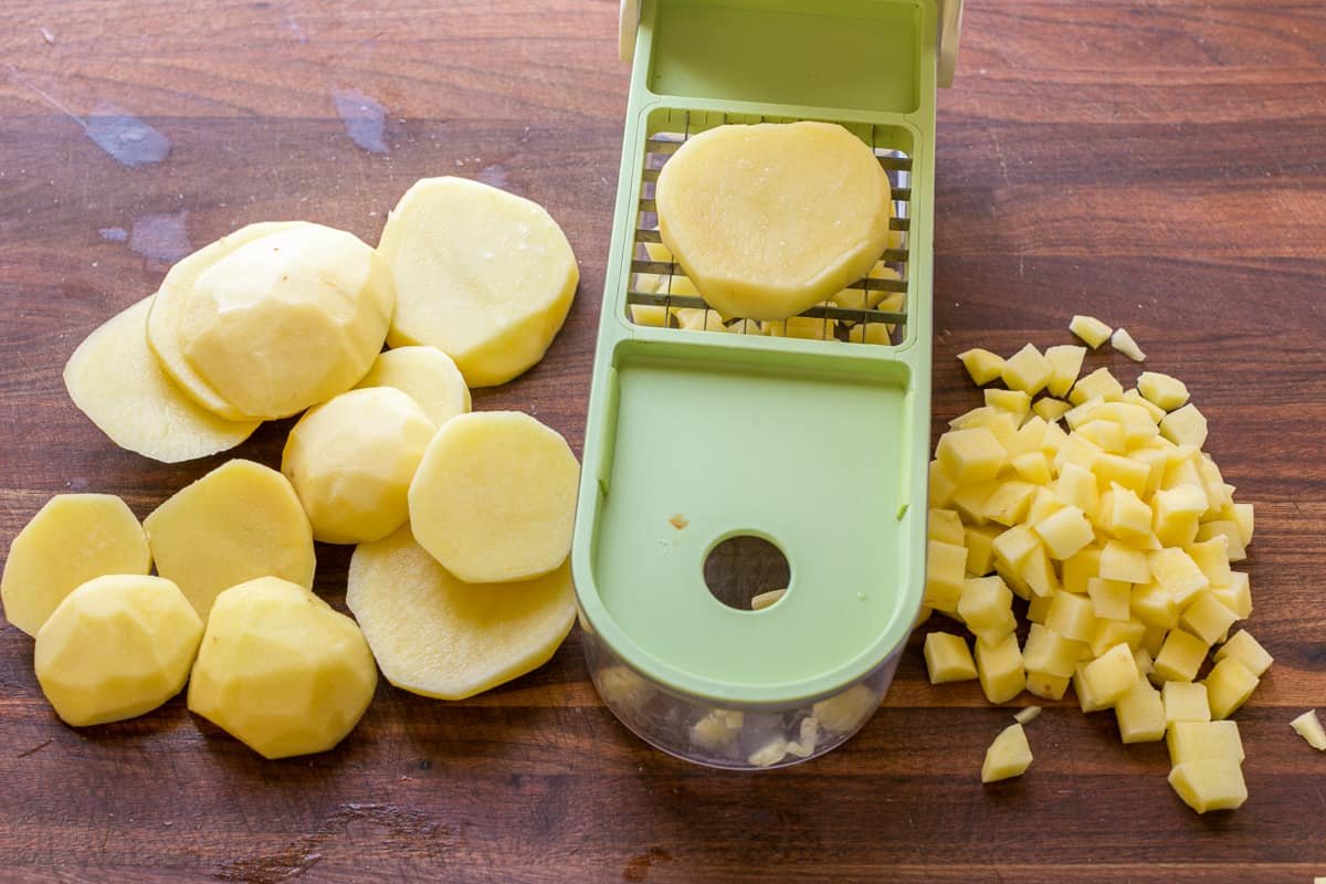 Our go-to, easy breakfast potatoes recipe uses simple ingredients and the best cooking method for potatoes, so each bite is delicious! how to cut spuds into cubes using a dicer