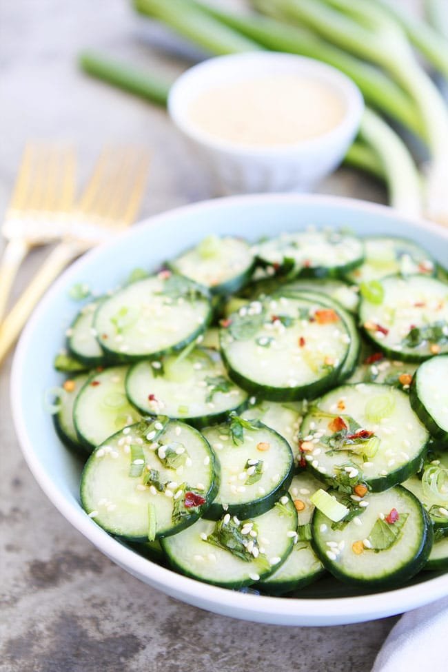 Easy Asian Cucumber Salad that is gluten-free and vegan. This fresh and healthy salad makes a great side dish to any meal! Easy Cucumber Salad that is gluten-free and vegan