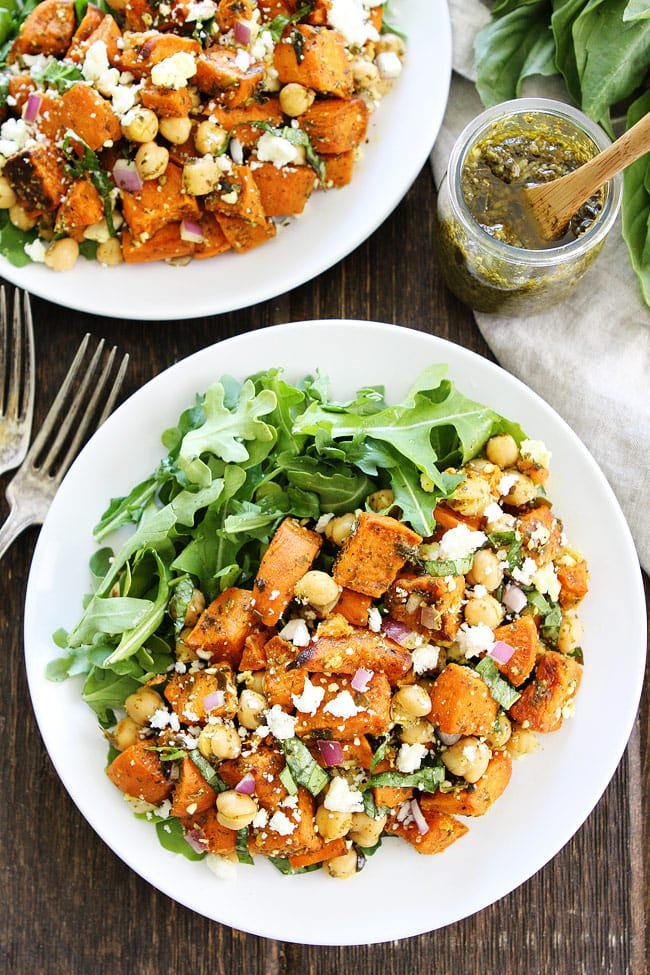 Sweet Potato Chickpea Salad with Pesto Recipe on twopeasandtheirpod.com This simple salad is full of flavor and great served as a side dish or main dish. Sweet Potato Chickpea Salad with Pesto Recipe