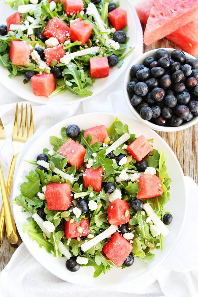 Watermelon, Blueberry, and Jicama Arugula Salad Recipe on twopeasandtheirpod.com This simple and healthy salad goes great with any summer meal! Watermelon, Blueberry, and Jicama Arugula Salad Recipe