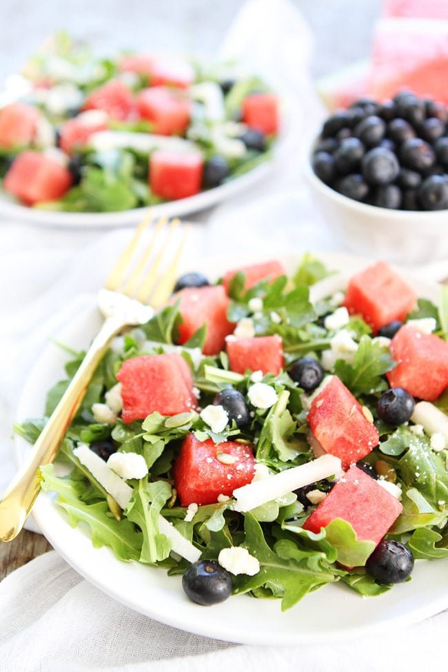 Watermelon, Blueberry, and Jicama Arugula Salad Recipe on twopeasandtheirpod.com This simple and healthy salad is perfect for summertime! Watermelon, Blueberry, and Jicama Arugula Salad Recipe