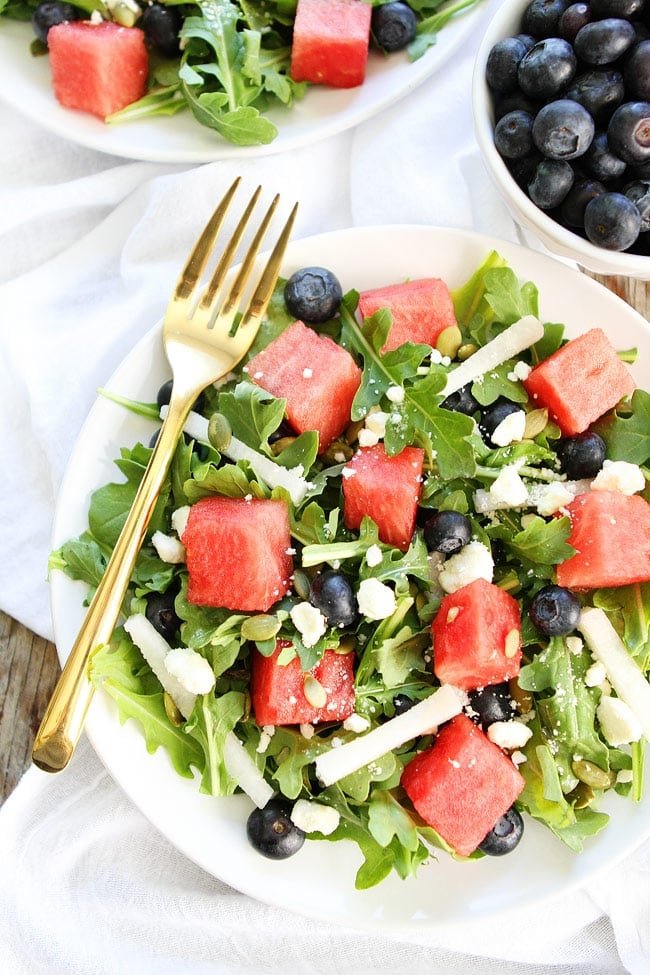Watermelon, Blueberry, and Jicama Arugula Salad Recipe on twopeasandtheirpod.com Make this simple and healthy salad for all of your summer parties and potlucks! It's perfect for the 4th of July too! Watermelon, Blueberry, and Jicama Arugula Salad Recipe