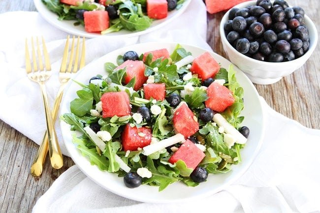 Watermelon, Blueberry, and Jicama Arugula Salad Recipe on twopeasandtheirpod.com This simple and healthy salad goes great with any summer meal! Watermelon, Blueberry, and Jicama Arugula Salad Recipe