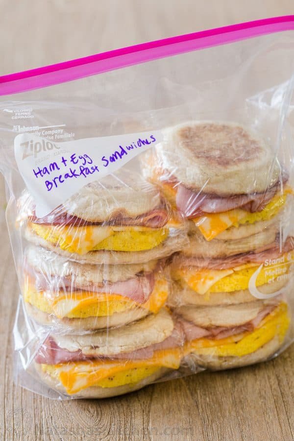 Ham and Egg Breakfast Sandwiches tacked and packaged ready for the freezer