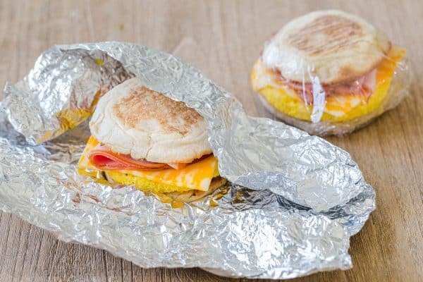 Foil wrapped breakfast sandwich for camping meal prep 