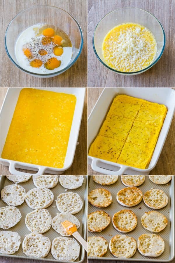 Step by step pictures how to make freezer breakfast sandwiches from making the mixture and toasting english muffins