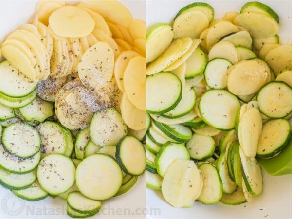 Creamy, cheesy Zucchini Potato Bake in a garlic Alfredo sauce. This potato bake recipe has simple ingredients, comes together quickly and tastes so good! | natashaskitchen.com