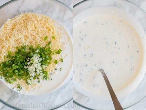 Creamy, cheesy Zucchini Potato Bake in a garlic Alfredo sauce. This potato bake recipe has simple ingredients, comes together quickly and tastes so good! | natashaskitchen.com
