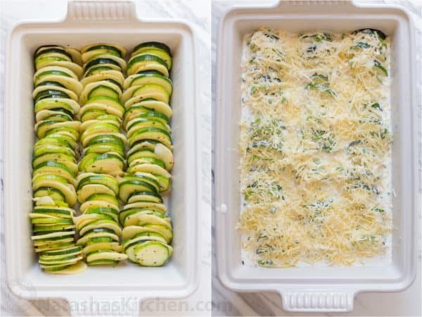 Creamy, cheesy Zucchini Potato Bake in a garlic Alfredo sauce. This potato bake recipe has simple ingredients, comes together quickly and tastes so good! | natashaskitchen.com