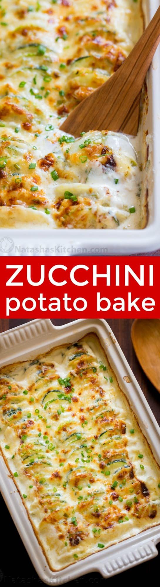 Creamy, cheesy Zucchini Potato Bake in a garlic Alfredo sauce. This potato bake recipe has simple ingredients, comes together quickly and tastes so good! | natashaskitchen.com