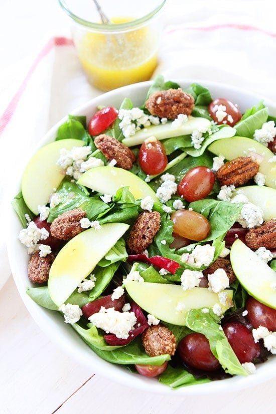 Apple, Grape, and Candied Pecan Salad with Maple-Mustard Dressing Recipe on twopeasandtheirpod.com I love everything about this salad! Apple, Grape, and Candied Pecan Salad with Maple-Mustard Dressing Recipe