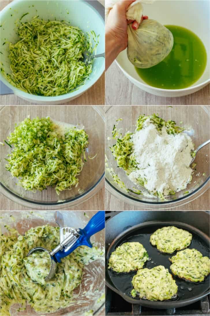 These crispy homemade zucchini fritters are a kid-friendly family favorite. An easy summer zucchini recipe you'll make again and again. 6 photos showing process of making zucchini fritters