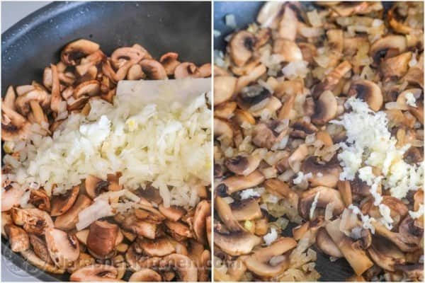 Sautéing mushrooms, onions and garlic for chicken casserole